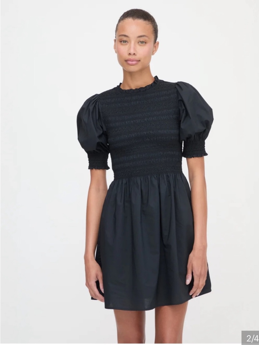 Hill House The Nap Vivi Mini Dress Black Smocked Puff Sleeve Cotton Poplin, L